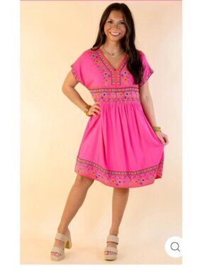 Savanna Jane Boho Embroidered Babydoll Mini Dress L Hot Pink Fuchsia Floral